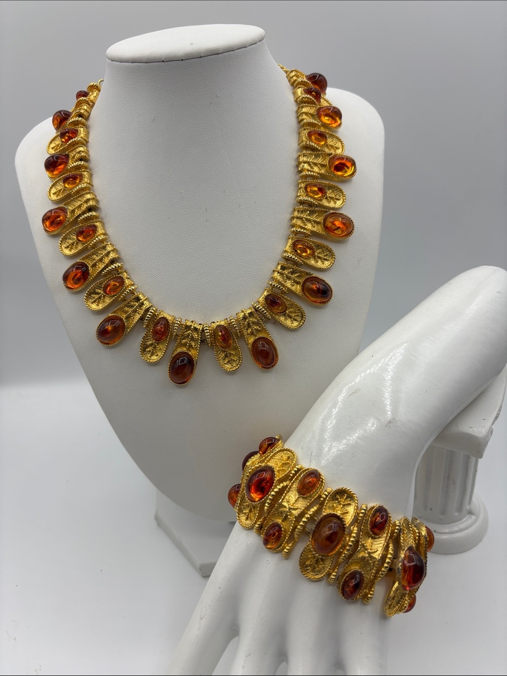 Gold-Tone Vintage BSK Amber Cabochon Statement Necklace & Bracelet Set JP464